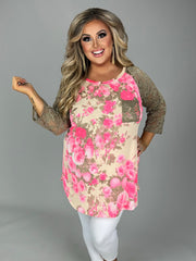 SALE!! 98 CP-A {Work For You} Bright Pink Floral Mocha Lace Sleeve Top PLUS SIZE 1X 2X 3X