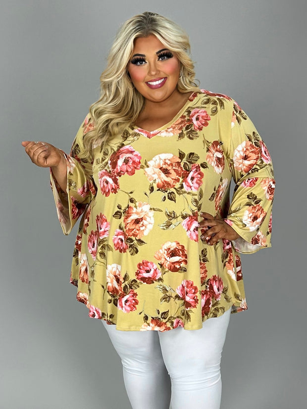 17 PQ {Storybook Style} Lt Mustard Floral V-Neck Top EXTENDED PLUS SIZE 3X 4X 5X (True to Size)