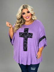 SALE!! 44 SD-S {At The Cross} Lilac/Black Lace Cross & Sleeve Detail Top PLUS SIZE XL 2X 3X 4X 5X 6X