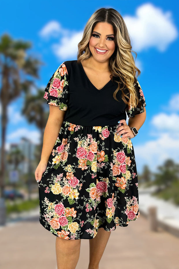 SALE!! 67 CP-D {Weekend Goals} Black Floral V-Neck Dress PLUS SIZE 1X 2X 3X