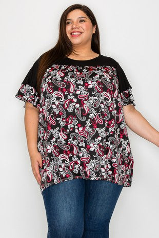 35 CP {Thrill Of Victory} Black/Red Paisley Print Top EXTENDED PLUS SIZE 3X 4X 5X