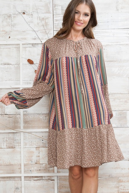 SALE!! 96 CP [Dainty News} Mocha/Multi-Color Print Dress PLUS SIZE XL 2X 3X