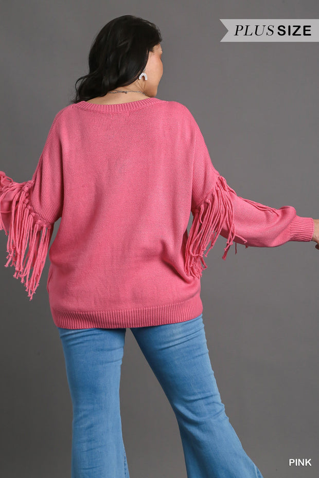 29 SLS {All About Cuteness} Umgee Pink Fringe Sweater PLUS SIZE XL 1X 2X