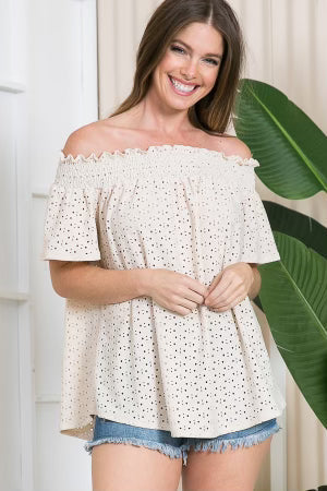 SALE!! 78 OS-A {Such A Sweetie} Taupe Eyelet Off Shoulder Top PLUS SIZE 1X 2X 3X