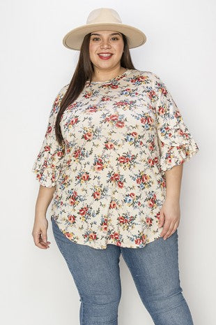 65 PSS {A Pretty Stroll} Ivory Floral Ruffle Sleeve Top EXTENDED PLUS SIZE 4X 5X 6X