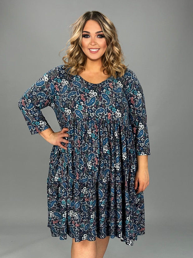 SALE!! 13 PQ-E {Keeping It Sweet} Navy Paisley Print Tiered Dress PLUS SIZE XL 2X 3X