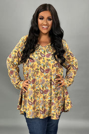 26 PLS {A Different Me} Mustard Paisley Print Ribbed Top PLUS SIZE 1X