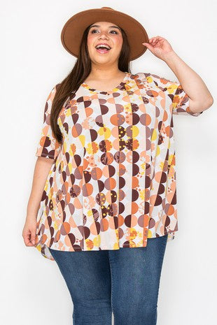 11 PSS {Time for Coffee & Lattes} Ivory/Brown Circle  V-Neck Top EXTENDED PLUS SIZE 3X 4X 5X