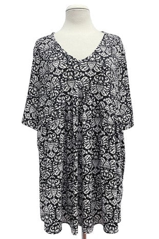 34 PSS {Feeling Fearless} Black Print Babydoll V-Neck Top EXTENDED PLUS SIZE 3X 4X 5X