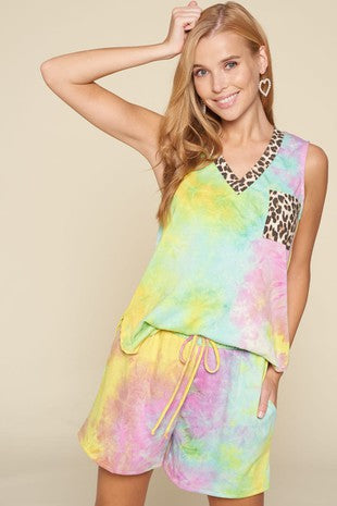 78 SV {A Little Bit of Wild} Yellow/Pink Tie Dye Top w/Leopard PLUS SIZE 1X 2X 3X