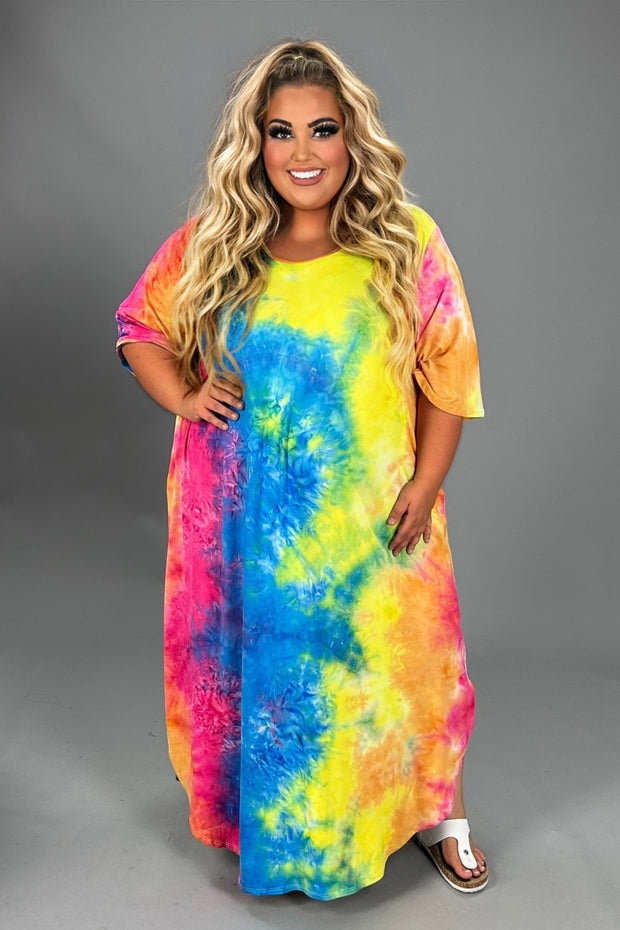 LD-T {Free To Flirt} Fuchsia/Blue Tie Dye Maxi Dress CURVY BRAND!!!  PLUS SIZE XL 2X 3X