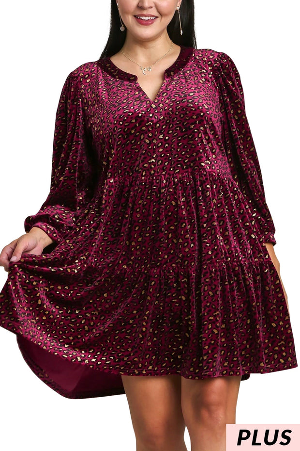 16 PQ {Leopard Boujee} Umgee Wine Velvet Tiered Dress PLUS SIZE XL 1X 2X