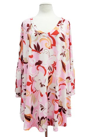 61 PQ {More To Love} Pink Floral V-Neck Top w/Bell Sleeve EXTENDED PLUS SIZE 3X 4X 5X  (True To Size}