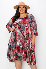 60 PQ {Happier Forever} Red Paisley Feather Tiered Dress PLUS SIZE XL 2X 3X