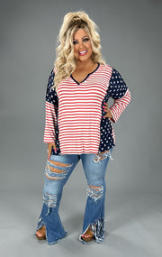 22 CP-D {Sweet America} Red White Blue Striped Top PLUS SIZE 1X 2X 3X