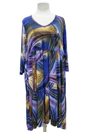 SALE!! 26 PQ {Always On Time} Blue Mixed Print V-Neck Tiered Dress PLUS SIZE 1X 2X 3X