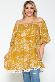 SALE! 23 OS {Wish You Well} Mustard Off Shoulder Paisley Top w/Fringe PLUS SIZE 1X 2X 3X