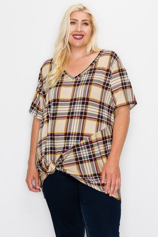 25 PSS {Ready Or Knot} Beige Plaid V-Neck Top w/Front Knot  EXTENDED PLUS SIZE 3X 4X 5X