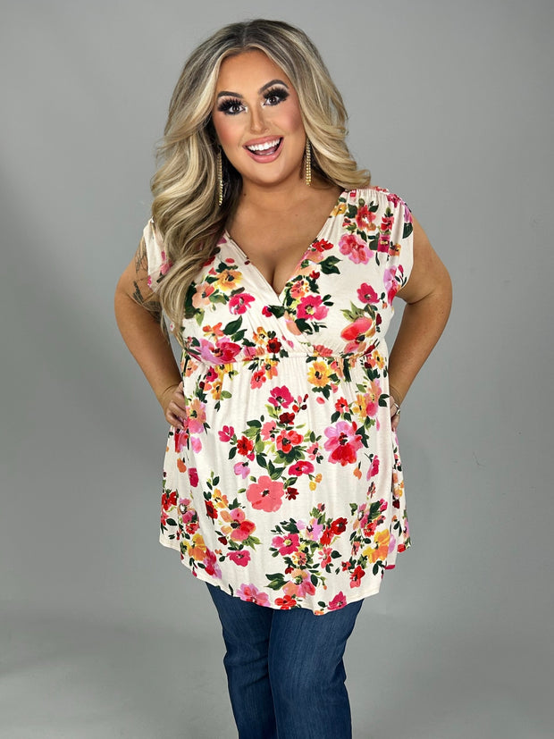 76 PSS-R {Blushing Bouquet} Ivory Floral V-Neck Top PLUS SIZE 1X 2X 3X