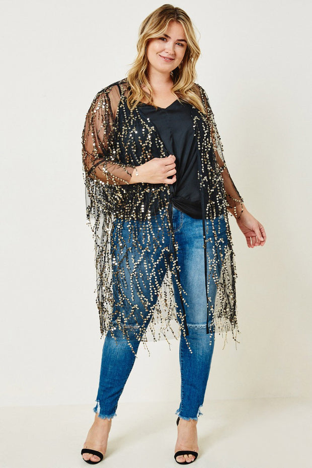 89 OT {Glitzy Time} Black Sheer Long Cardigan w/Sequins PLUS SIZE 1X 2X 3X