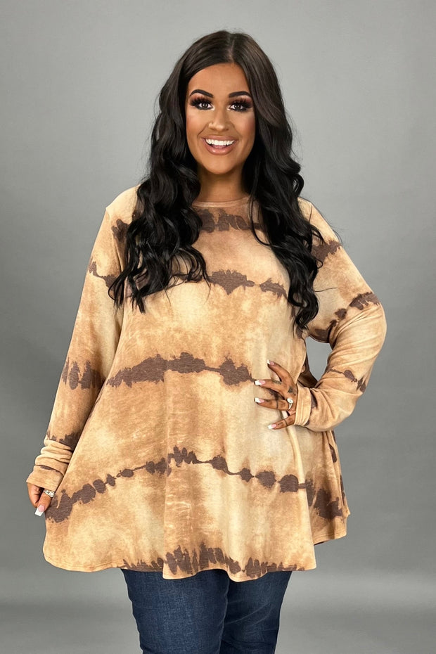 26 PLS {Get The Chance} Brown Tie Dye Long Sleeve Top PLUS SIZE XL 2X 3X