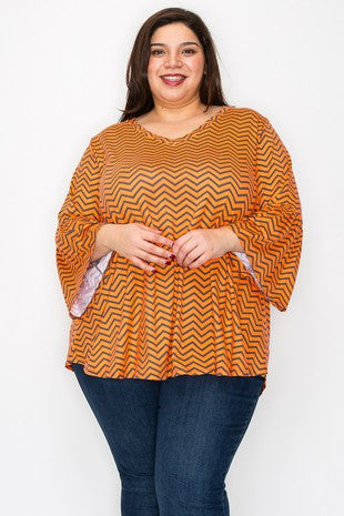 45 PQ {Hello Pumpkin} Orange  Charcoal Chevron Print Top EXTENDED PLUS  SIZE 3X 4X 5X