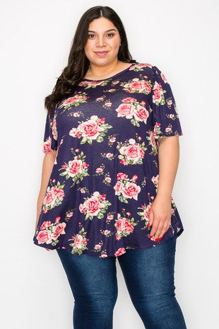 58 PSS {Magic Melody} Navy/Pink Floral Top PLUS SIZE 1X 2X 3X