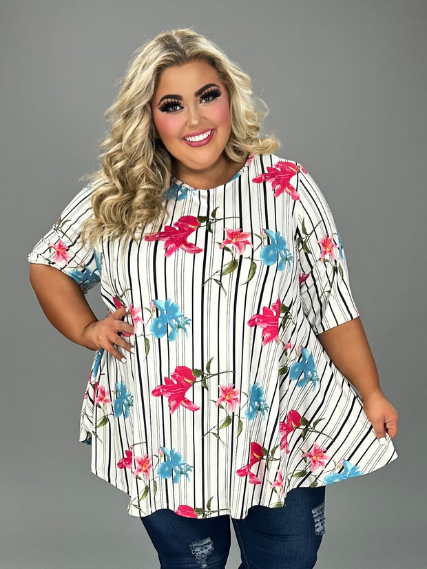 29 PSS {Iris On The Line} Ivory/Black Stripe Floral Print Top EXTENDED PLUS SIZE 4X 5X 6X