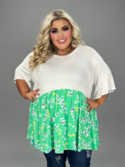 44 CP-B {Floral Medley} Ivory Green  Floral Contrast Top Extended Plus Curvy Brand