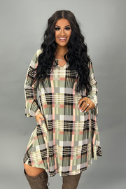 SALE!! PQ-Q {Finding My Way} Olive/Peach Plaid Keyhole Dress