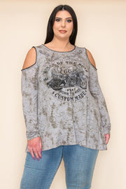 65 OS {Cycle Wings} VOCAL Taupe Open Shoulder Graphic Tee