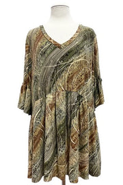 60 PQ {New To Town} Olive/Brown Print Babydoll Top EXTENDED PLUS SIZE 3X 4X 5X