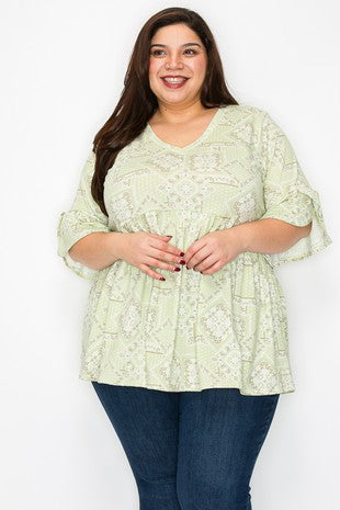 98 PSS {More Than Friends} Green Patchwork Print Top  PLUS SIZE 1X 2X 3X