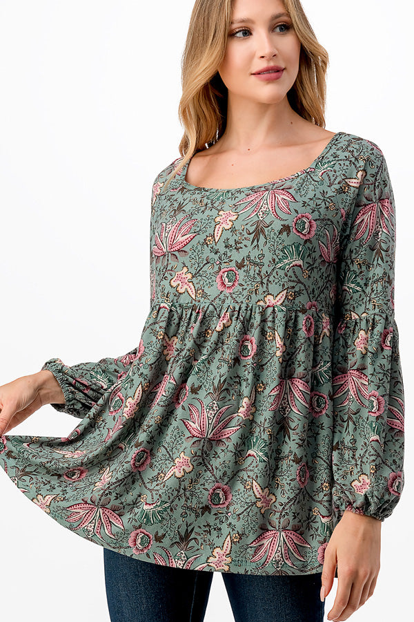 64 PQ {What You Love} Dusty Green Floral Babydoll Top PLUS SIZE 1X 2X 3X