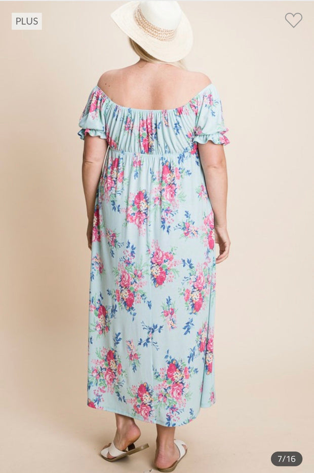 LD-Z {Wishful Thinking} Mint Floral Babydoll Midi Dress PLUS SIZE 1X 2X 3X