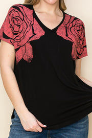 87  SD {Mighty Fine} VOCAL Black Rose Graphic V-Neck Top w/ Rhinestones PLUS SIZE XL 2X 3X