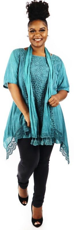 54 SET {Completely Content} Teal Floral Detail Top w Scarf PLUS SIZE 1X 2X 3X