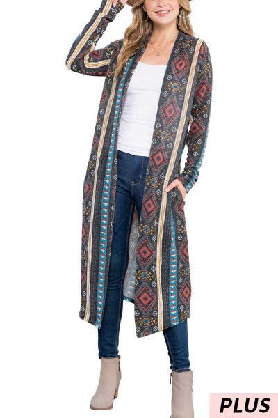 LD-U {Realized Fun} Multi-Color Tribal Print Duster PLUS SIZE 1X 2X 3X