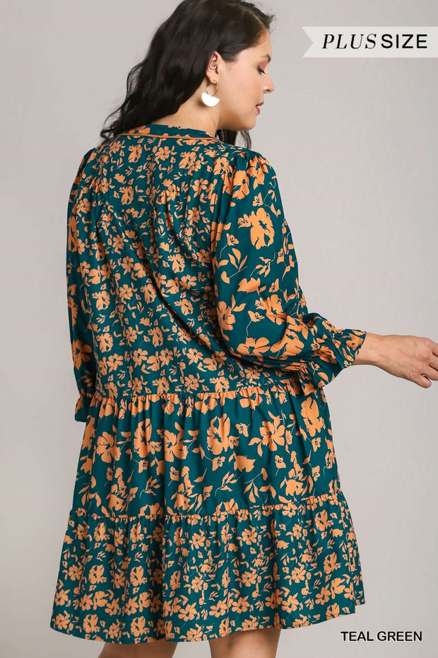 SALE!!  16 PQ {My Own Story} Umgee Teal Green Floral Tiered Dress PLUS SIZE XL 1X 2X