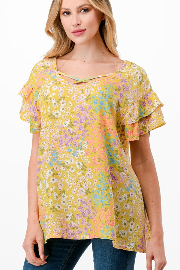 52 PSS {Petal Confetti} Yellow Floral Criss-Cross Top PLUS SIZE 1X 2X 3X