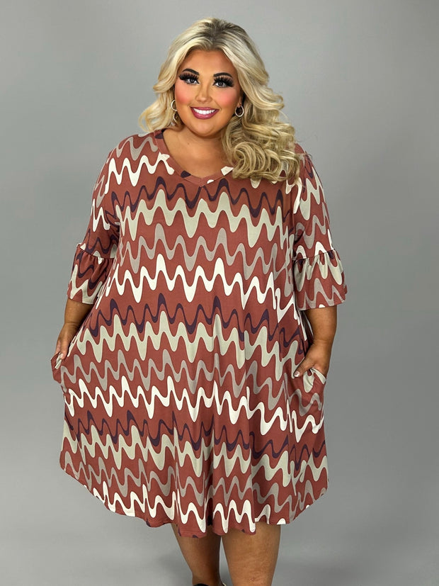 31 PQ {Love Boldly}Rust Wavelength Print V-Neck Dress EXTENDED PLUS SIZE 4X 5X 6X