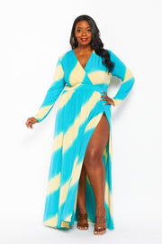 LD-E {Stay And Chat} Aqua/Yellow Maxi Dress w/Side Slits PLUS SIZE 1X 2X 3X