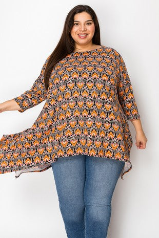 39 PQ {Color For the Day} Orange Floral Asymmetrical Top EXTENDED PLUS SIZE 3X 4X 5X