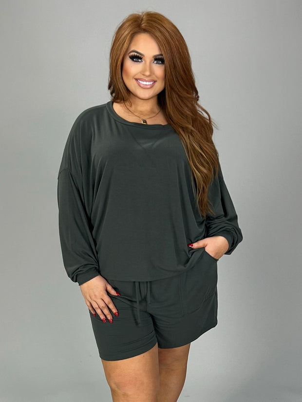 SALE!! 21 SET-H {The Good Life} Ash Gray Long Sleeve Short Set Plus Size 1X 2X 3x