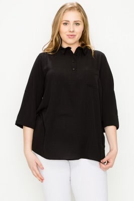 SALE! 67 SQ {Down To Business} Black Button Up Collared Top w Pocket PLUS SIZE 1X 2X 3X