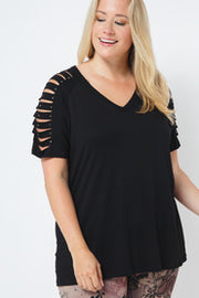 54 OS {Urban Outing} VOCAL Black V-Neck Top w/ Cut Out Sleeves PLUS SIZE XL 2X 3X