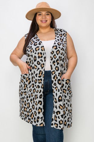 84 OT {Simply Stunning} Grey Leopard Print Vest w/ Pockets EXTENDED PLUS 3X 4X 5X