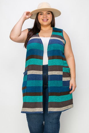 94 OT {Polished Presentation} Blue/Grey Striped Vest w/ Pockets EXTENDED PLUS 3X 4X 5X