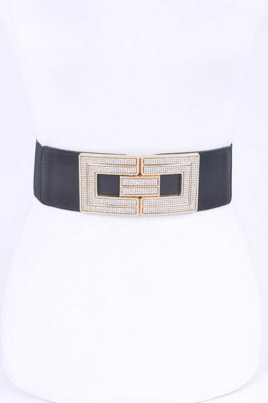 BELT {Sparkle Avenue} Black Belt w/ Gold Geometric Rhinestone Buckle