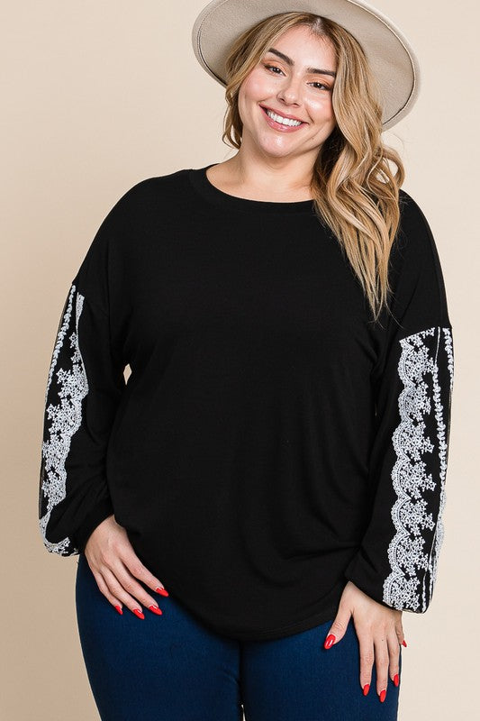 88 SD {Won't Compromise} Black Top w/ Lace Detailed Sleeves PLUS SIZE XL 2X 3X